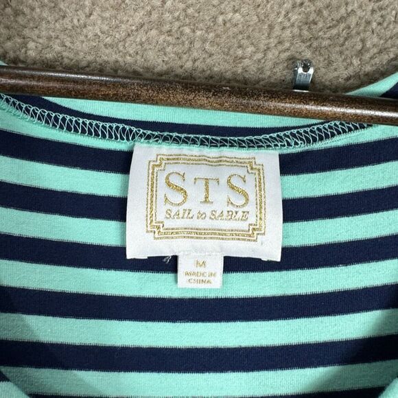 STS Sail to Sable Maxi Dress Size Medium Green/Navy Striped Racerback Side Slits - Picture 3 of 9